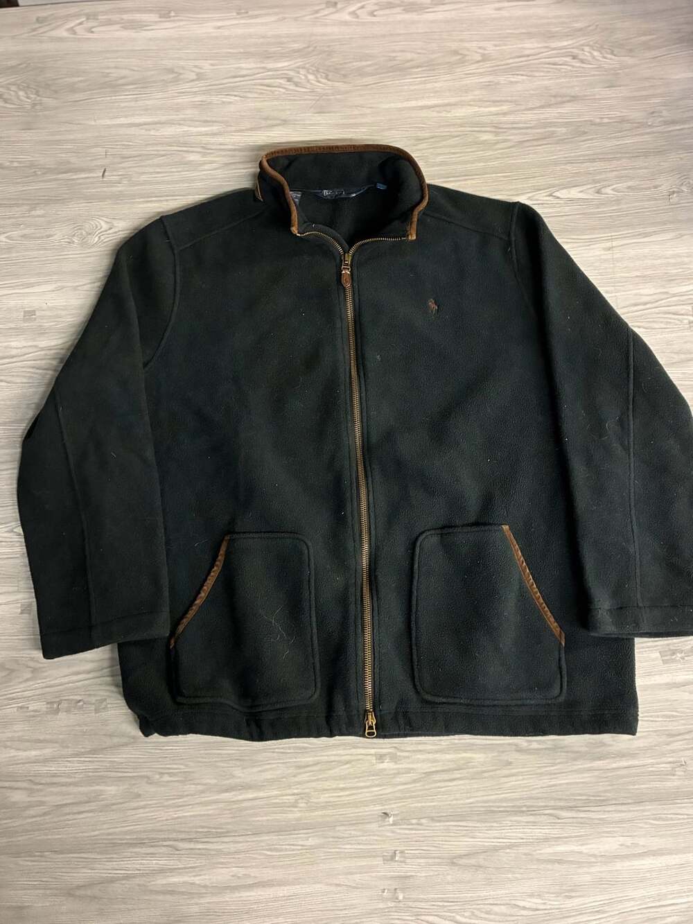 Polo Ralph Lauren Fleece Jacket Size 2XLT Black Full Zip Suede Trim